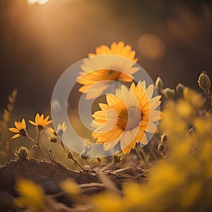 Two yellow daisies in the sunset light. Shallow depth of field. generative ai