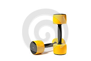 two yellow dumbbells