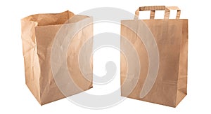 Two yellow empty blank disposable paper fast food tray isolated on white background. Paper bag isolated. Paper package