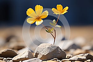 two yellow flowers growing out of a rock
