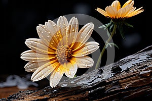 two yellow flowers on a piece of wood