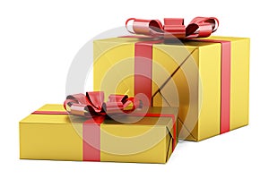 Two yellow gift boxes with red ribbons isolated on white