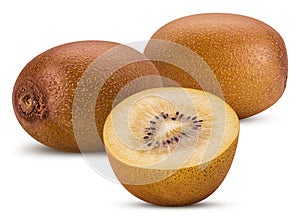 Two yellow gold kiwi fruit and one cut in half