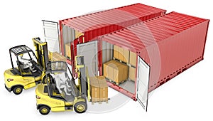 Two yellow lift truck unloading containers