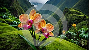 Two yellow orchids in bloom on a lush hillside, AI-generated.