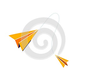 Two yellow paper planes connected dash line vector illustration. Isolated on white background photo