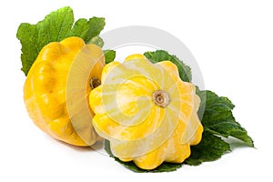 Two yellow pattypan squash with leaf isolated on white background