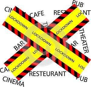 Two yellow ribbons with red-black sides and lockdown inscription on the background of closed bars, restaurants, pubs, cinemas and