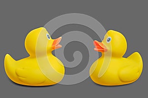 Two yellow rubber ducks on a gray background