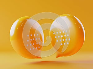 Two yellow speech bubbles with text symbols in a 3D render.