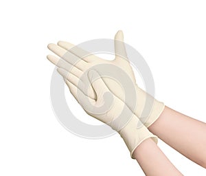Two yellow surgical medical gloves isolated on white background with hands. Rubber glove manufacturing, human hand is wearing