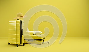 Two yellow travel suitcase with a straw hat and an airplane on a yellow background. 3D rendering illustration.