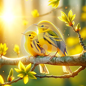 Two Yellow Wilson\'s Warblers Perched Tree Branch Springtime Morning Sunrise Small Birds AI Generated