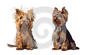 Two Yorkie Terrier dogs next to each other, one shaggy with dirty matted hair, the other neatly trimmed and combed photo