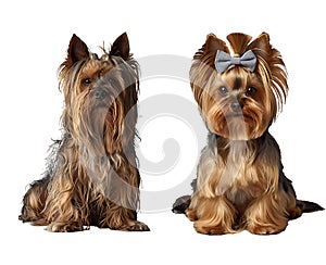 Two Yorkie Terrier dogs next to each other, one shaggy with dirty matted hair, other neatly trimmed and combed photo