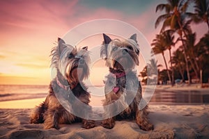 Two Yorkshire terrier dogs in glasses lie on sunbeds on the sand on the beach ocean, tropics and sea, palm trees weekend summer