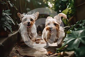 Two Yorkshire Terrier puppies playing in the garden on a sunny day, Two cute small dogs playing and running in a green garden, AI