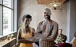 Two young African businesspeople standing together in an office