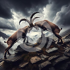 Two young alpine ibexes engage in a fierce battle on a rocky cliffside