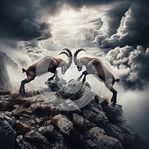 Two young alpine ibexes engage in a fierce battle on a rocky cliffside