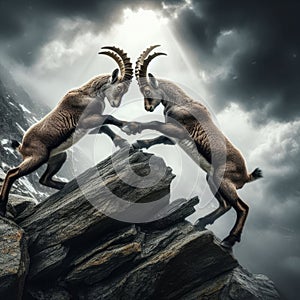 Two young alpine ibexes engage in a fierce battle on a rocky cliffside