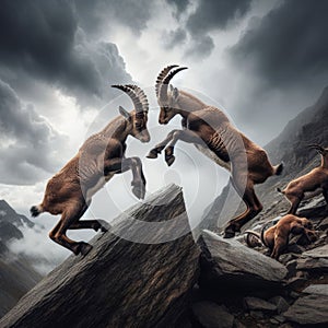 Two young alpine ibexes engage in a fierce battle on a rocky cliffside
