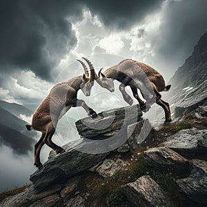 Two young alpine ibexes engage in a fierce battle on a rocky cliffside