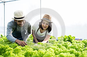 Two young Asian couple farmers working in vegetables hydroponic farm with happiness. Portrait of man and woman farmer checking qua