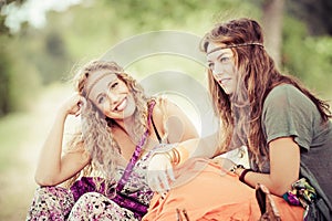 Two young beautiful girls hippie photo