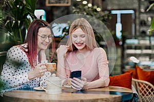 Two young beautiful girls sit in a green cafe at a table. Drink tea with croissants, chatting, laughing and taking