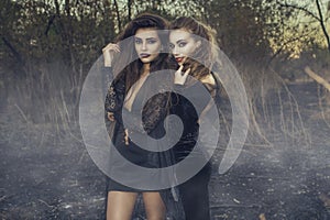 Two young beautiful witches in black gowns standing in the middle of burnt meadow with predatory face expression. photo