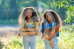 Two young black girls carrying chickens and holding eggs, rural happy lifestyle concept