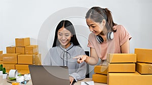 Two young business woman entrepreneur are talking with client on laptop