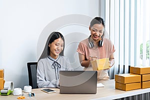 Two young business woman entrepreneur are working together on laptop