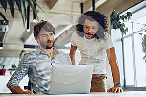 Two young businessmen discussing some ideas in modern office