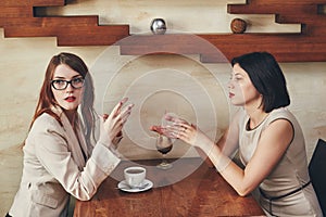 Two young caucasian businesswomen with laptop, notebook. Women in cafe