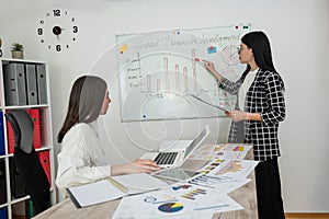 Two young caucasian female colleagues discussing near white board with new company business plan