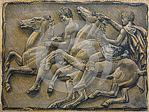 Two young cavalry horseriders a portrait from old Greek money