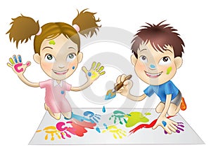 Two young children playing with paints