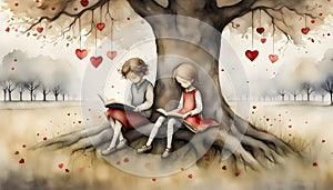 Two young children reading under a tree with hearts and valentines