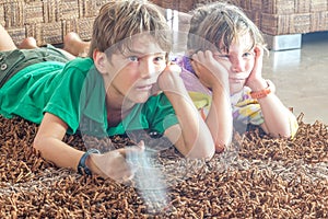 Two young children watching tv