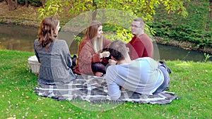 Two young couples enjoying a picnic in a park