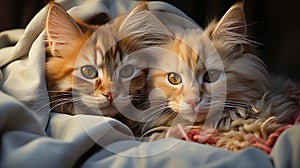 two young cute kittens snuggle together in a wool blanket, generative AI