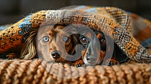 Two young dachshund dogs lying under a blanket.