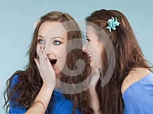 Two young female friends whispering gossip