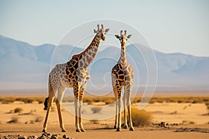 Two young giraffes standing in savannah. Generative AI