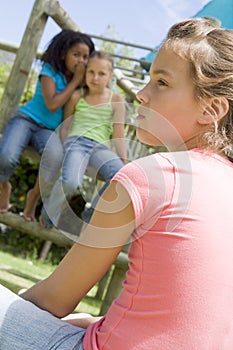 Two young girl friends at a playground whispering