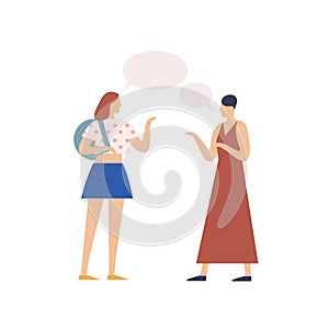 Two young girl gossiping with speech bubble vector flat illustration. People chatting each other isolated on white