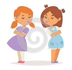 Two young girls with crossed arms expressing disagreement and sulking. Playful kids with pouting lips feeling stubborn