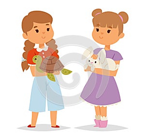 Two young girls holding pets, one with a turtle and the other with a rabbit. Happy children with animals vector